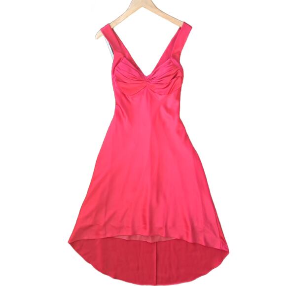 CALVIN KLEIN Red Satin Midi Cocktail Dress Sz 10 Sweetheart High Low X Back - Picture 9 of 9